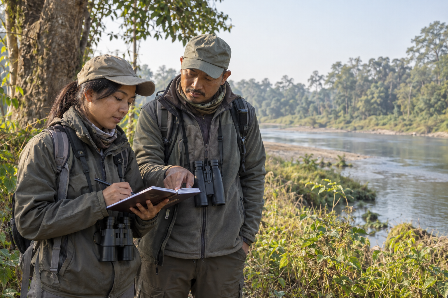 A trainee nature guide and an experienced guide reviewing a field notebook beside riverine woodland in Chitwan