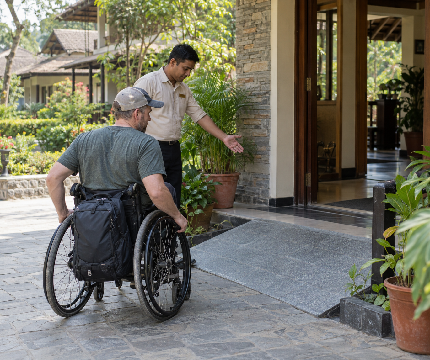 Wheelchair traveler and hotel staff member checking a lodge entrance ramp in Sauraha.