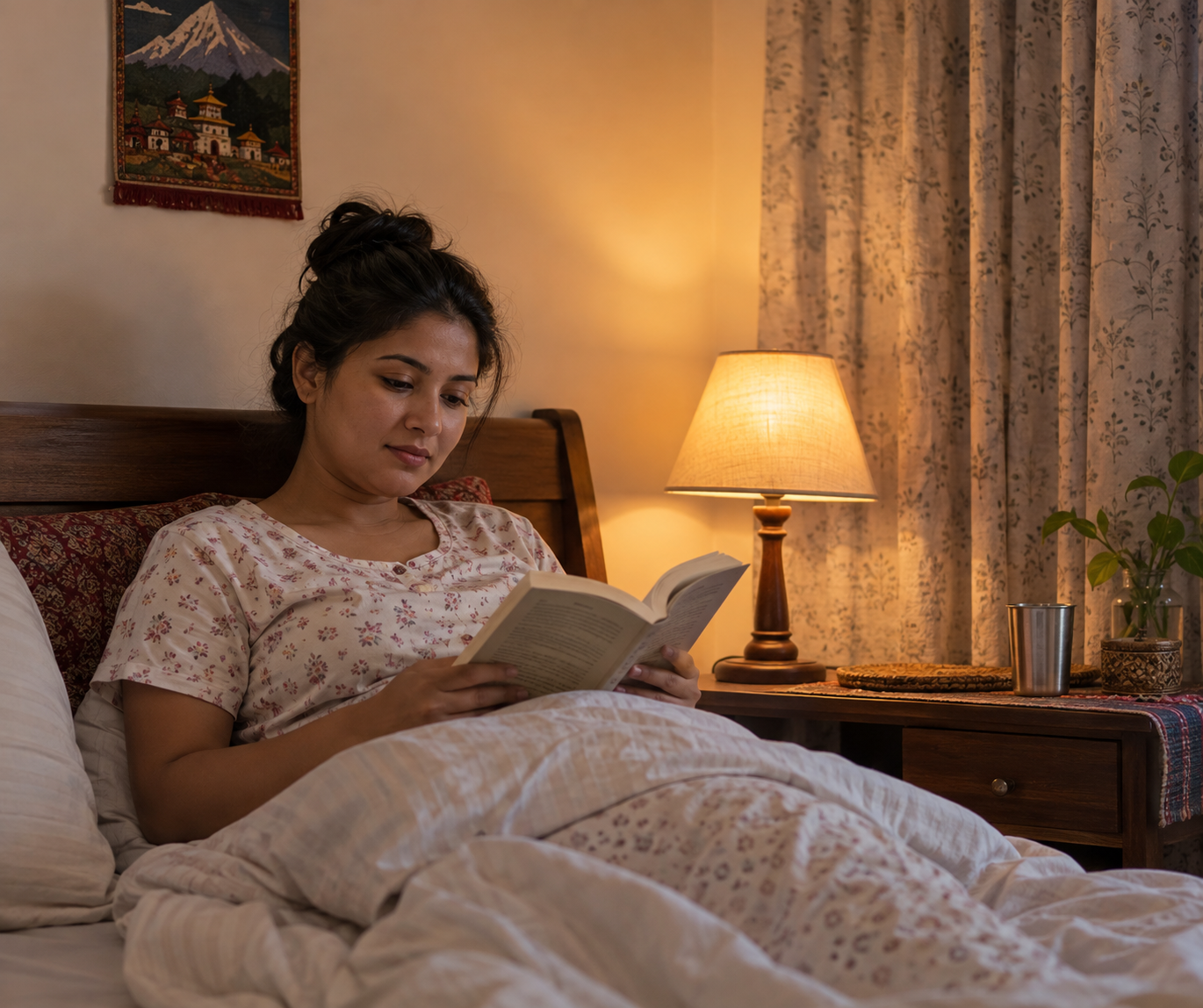 Person reading a paperback beside a softly lit bedside lamp in a tidy bedroom
