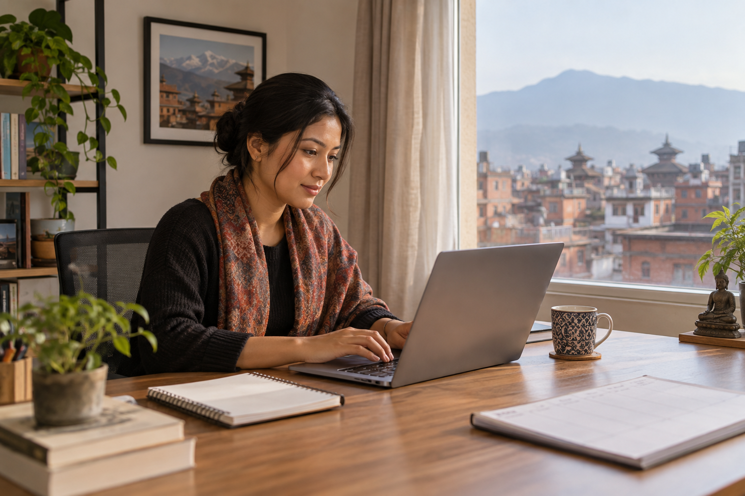 Professional at a Kathmandu home office using a laptop beside a notebook and weekly planner