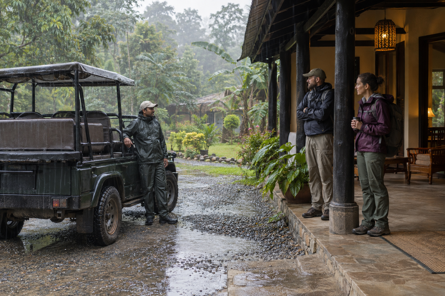 Parked safari jeep on a rain-soaked lodge driveway in Chitwan, with a guide beside the vehicle