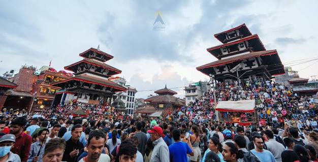 Crowds gathered around the Kumari chariot procession at Kathmandu Durbar Square during Indra Jatra