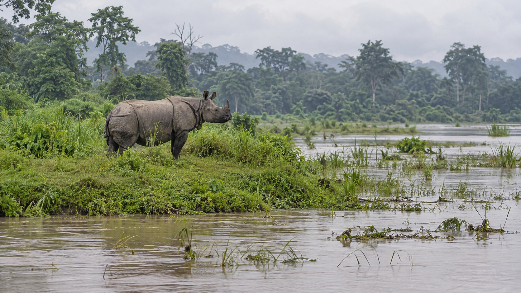 Greater one-horned rhinoceros beside flooded grassland in Chitwan, with raised forested ground beyond