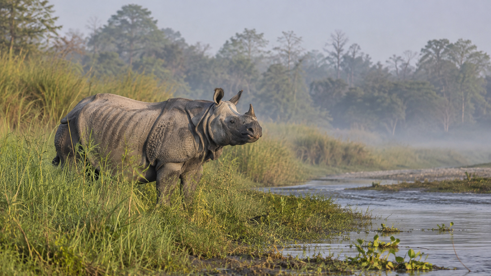 Greater one-horned rhinoceros standing beside tall grass in Nepal’s lowland riverine habitat
