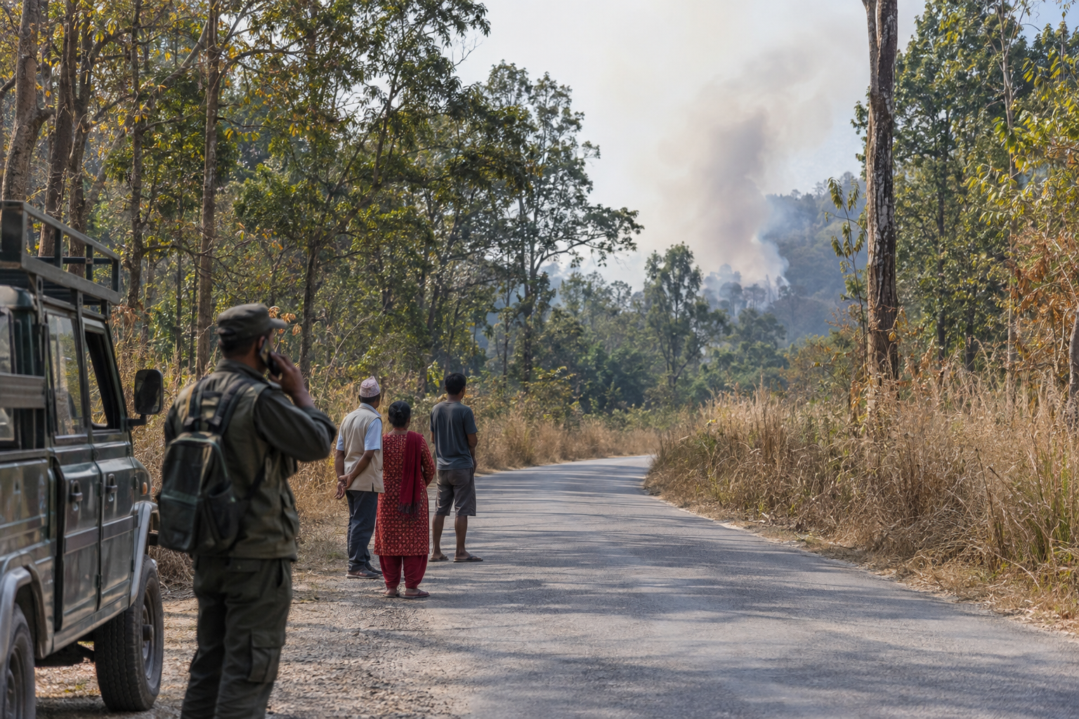Forest-edge road in Chitwan with dry vegetation, distant smoke, and residents standing clear of the access route.